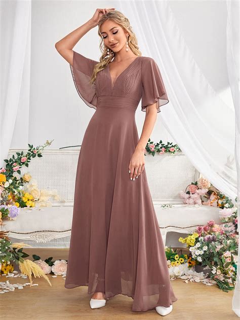 Mesh Insert Butterfly Sleeve Maxi Chiffon Bridesmaid Dress Short