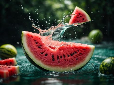 Premium Ai Image Flying Watermelon Slice With Water Splash