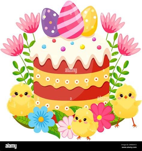 Easter Cake With Eggs Flowers And Chickens Traditional Symbols Of Happy Easter Celebration