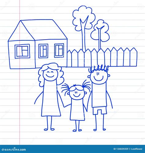 Happy Family with Small Children and House Kids Drawing Vector ...