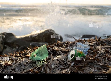 Botella De Plástico Y Residuos De Aluminio En La Costa Del Mar