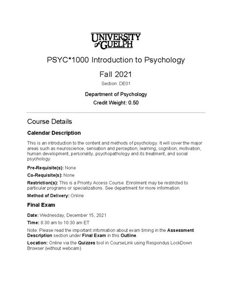 Outline PSYC1000 DE01 F21 Final PSYC 1000 Introduction To Psychology