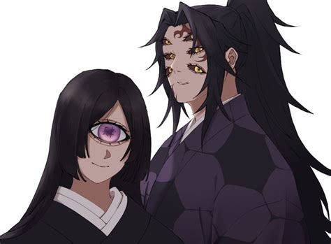 Two Anime Characters With Black Hair And Yellow Eyes One Is Staring At