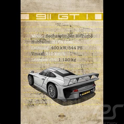 Affiche Porsche 911 Gt1 Imprimée Sur Plaque Aluminium Dibond 40 X 60 Cm