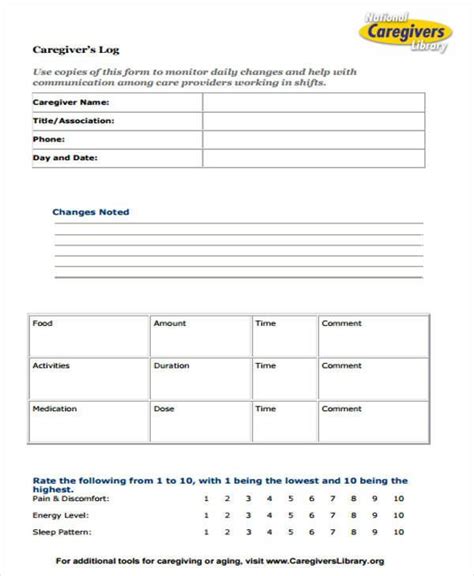 Printable Caregiver Daily Log Sheet