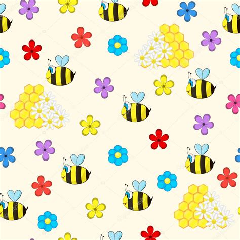 Seamless Background With Cartoon Bees Flowers And Honey Stock Vector