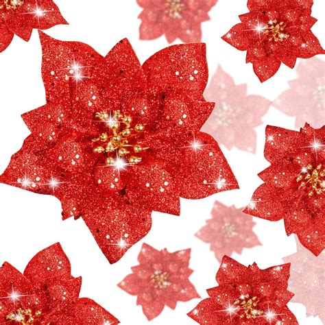 WILLBOND 36 Pieces Christmas Glitter Poinsettia Faux Flowers Christmas