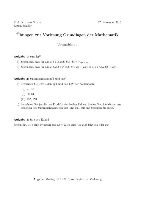 Bungen Zur Vorlesung Grundlagen Der Mathematik Bungsblatt Prof