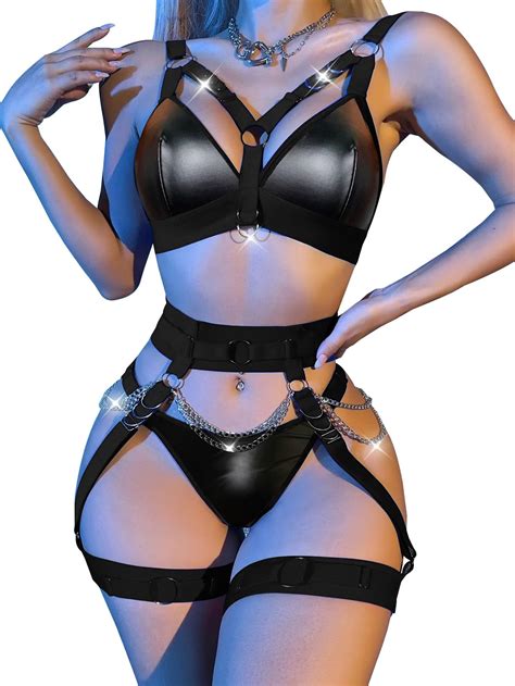Lilosy Sexy Chain Strappy Garter Belt Women Lingerie Set Rave Outfits Harness Bra Panty Piece