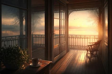 Premium AI Image | Morning sunrise with reflections in the water and cozy balcony with view