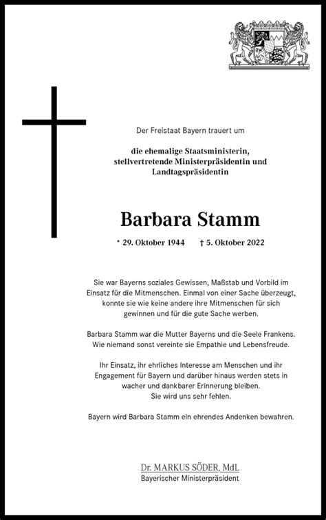 Barbara Stamm Traueranzeige Trauer Infranken De