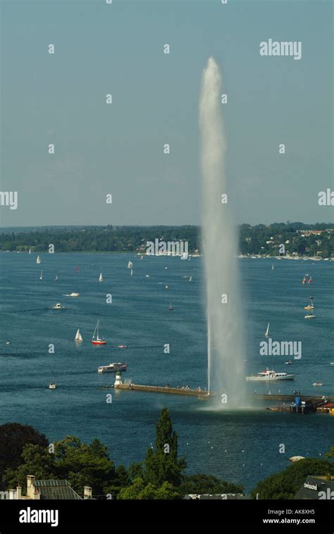 Lake Geneva Jet D Eau Geneva View From Above Stock Photo Alamy