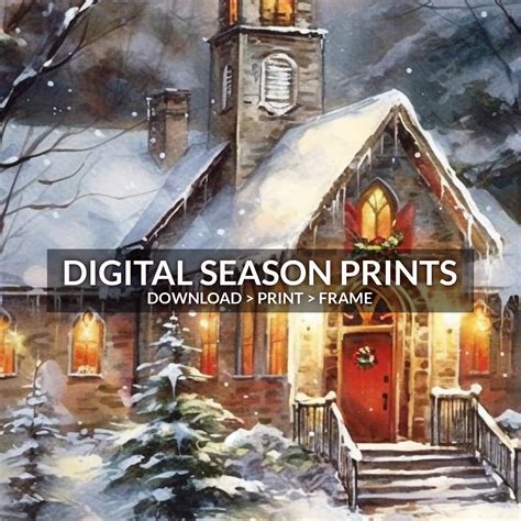 Snowy Church Painting, Winter Landscape Print, Christmas Printable ...