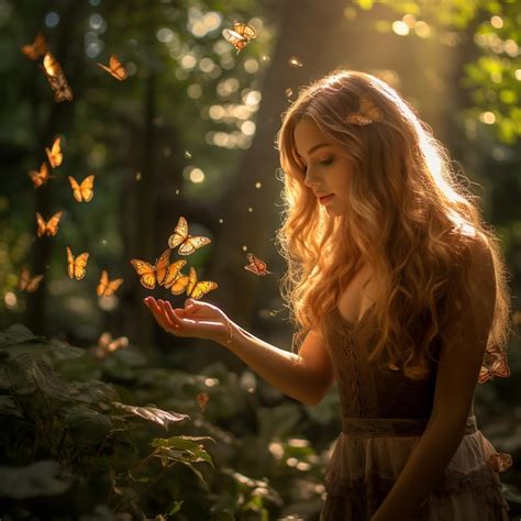 Premium Photo A Girl With Butterflies In The Forest