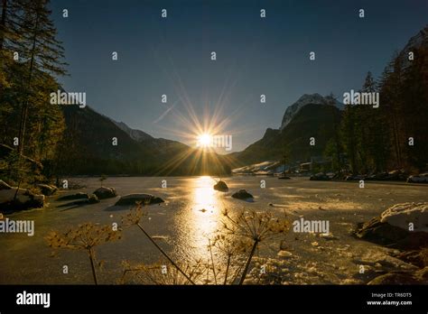 Frozen Lake Hintersee At Sunset Germany Bavaria Berchtesgadener Land