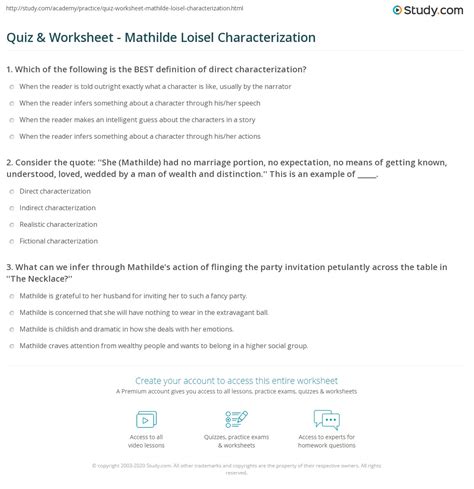 Quiz & Worksheet - Mathilde Loisel Characterization | Study.com