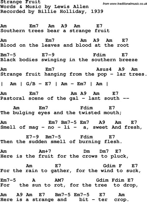 Song Lyrics With Guitar Chords For Strange Fruit Billie Holiday 1939