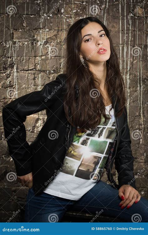 Pretty Brunette Woman In Leather Jacket Stock Photo Image Of Cute