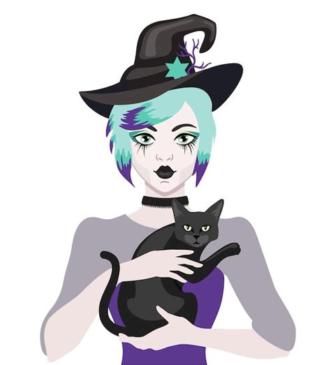 Premium Vector Young Witch Wearing Typical Witch Hat Holding A Black