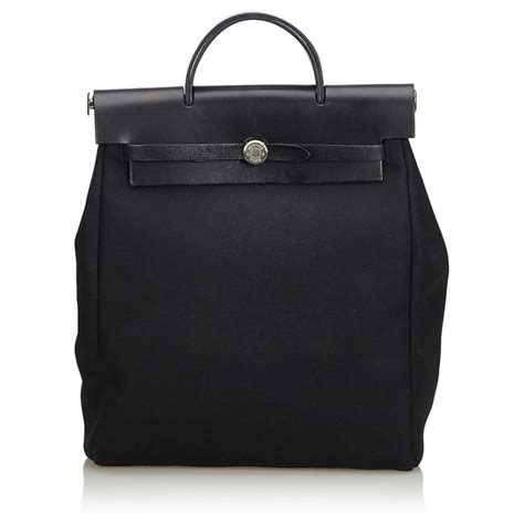 Herm S Sac Dos Herbag Cuir Toile Veau Fa On Poulain Tissu Noir Ref