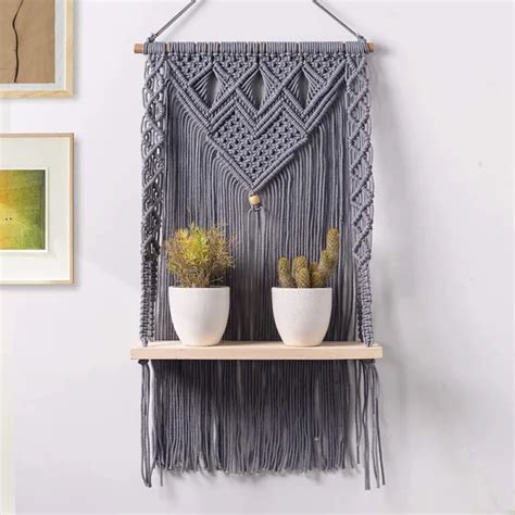 MACRAMÉ TENTURE MURALE Étagère Coton Corde Bohème Style Fait à la Main