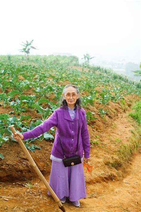 El Ir De Excursi N Feliz De La Mujer Mayor En La Granja Foto De Archivo