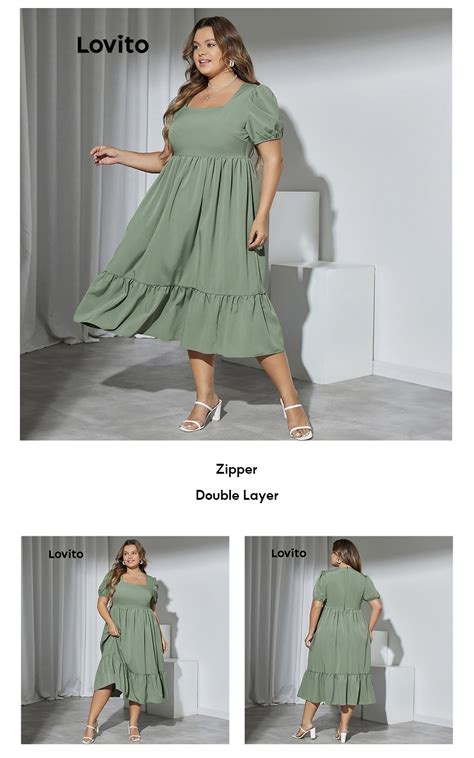 Lovito Plus Size Curve Casual Plain Zipper Double Layer Square Neck Puff Sleeve Women Dress