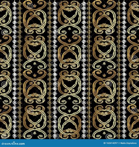 Embroidery Striped Vintage Vector Seamless Pattern Gold Floral Grunge