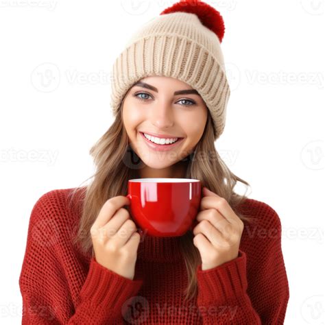 Happy Woman In Knitted Hat With Cup Of Hot Tea 28199201 Png