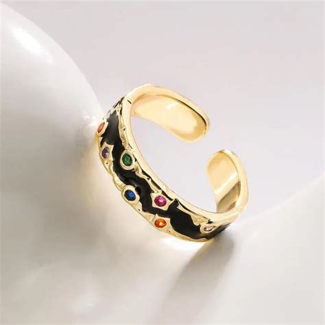 2023 Fashion Gold Color Copper Black Wedding Rings Female With Colorful CZ Zircon Inlay And ...