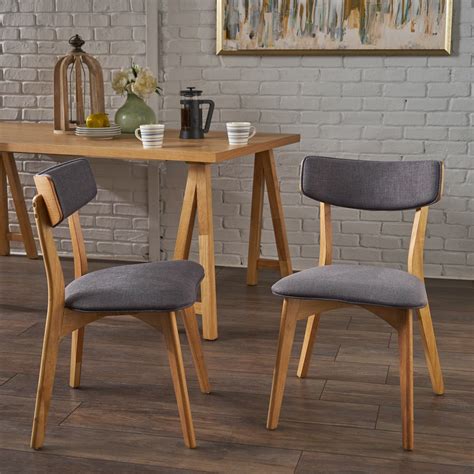 Noble House Atlantic Mid Century Fabric Dining Chairs Oak Dark Grey