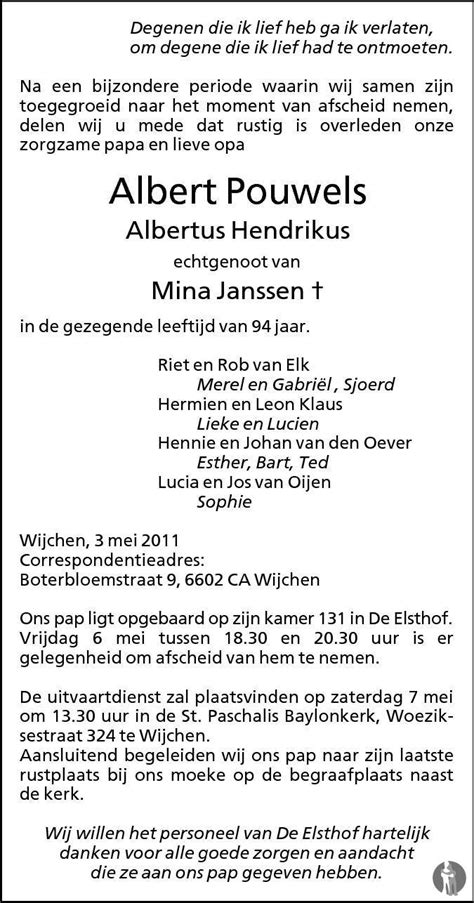 Albertus Hendrikus Albert Pouwels 03 05 2011 Overlijdensbericht En