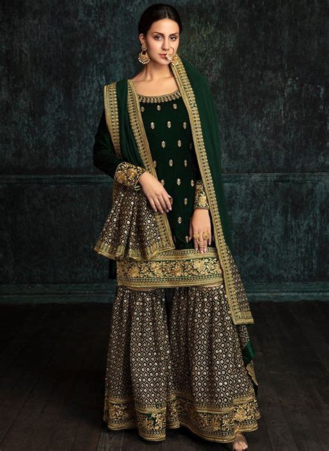 Emerald Green Velvet Embroidered Gharara Suit Bollywood Dress