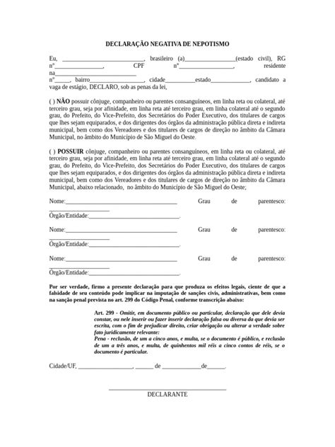 Declaração de Nepotismo para Estágio | PDF | Parentesco | Vereador