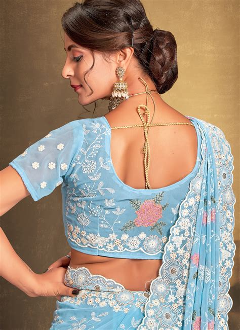 Georgette Aqua Blue Embroidered Designer Saree