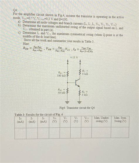 Solved Q4 For The Amplifier Circuit Shown In Fig4 Assume The Transistor Course Hero