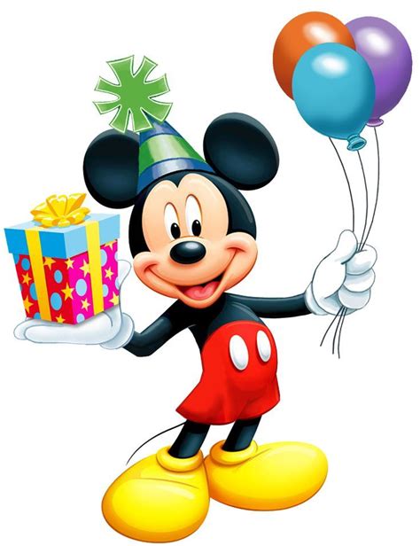 A Cartoon Mickey Mouse Holding A Gift And Balloons In One Hand While