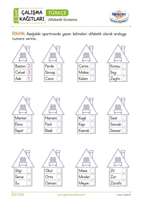 Alfabetik Sıralama 2 SINIF 3 Hafta Günlük Çalışma Kağıtları