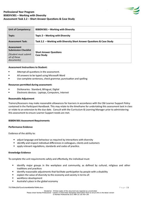 2017 Task 2 2 Bsbdiv 301 Assessment V3 Professional Year Program Bsbdiv301 Working With