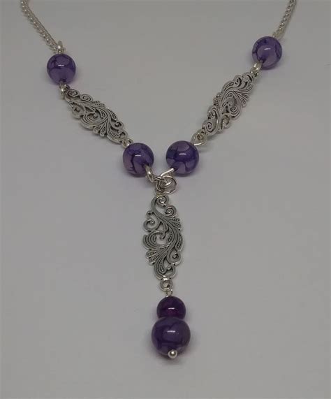 Pretty Purple Dragon Vein Agate Pendant 6mm And 8 Mm Beads Silver