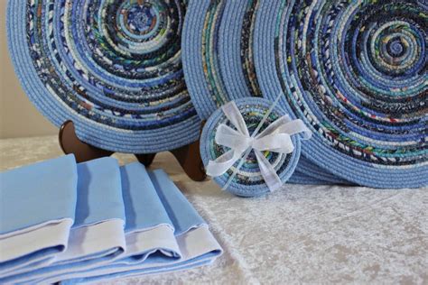 Hand Crafted Fabric Placemat Set Fabric Wrapped Clothesline Blues