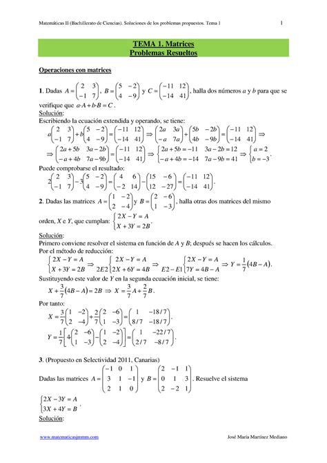 Problemas Matrices Ejercicios Tema Matrices Problemas Resueltos