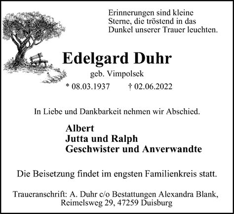 Traueranzeigen Von Edelgard Duhr Trauer In Nrw De