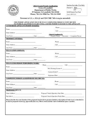 Fillable Online Trench Permit Application Town Of Lynnfield Fax