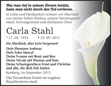 Traueranzeigen Von Carla Stahl Abschied Nehmen De