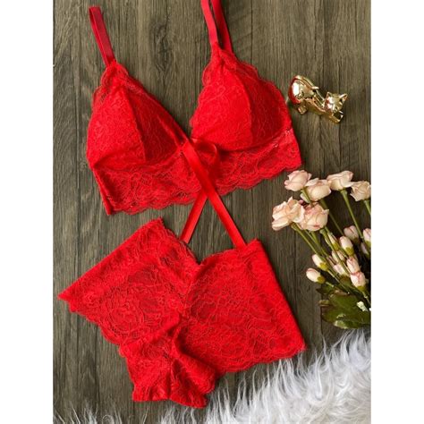 Conjunto Lingerie Todo Em Renda Bojo Fita Lacinho Modelo Luxo Premium Sexy Sensual Mulher