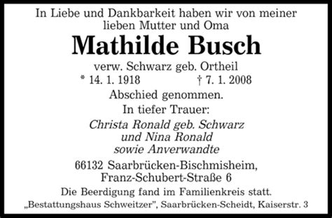 Traueranzeigen Von Mathilde Busch Saarbruecker Zeitung Trauer De