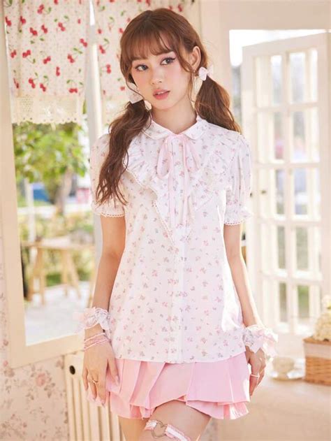 Kawaii Ditsy Floral Print Knot Ruffle Trim Puff Sleeve Shirt Shein Usa