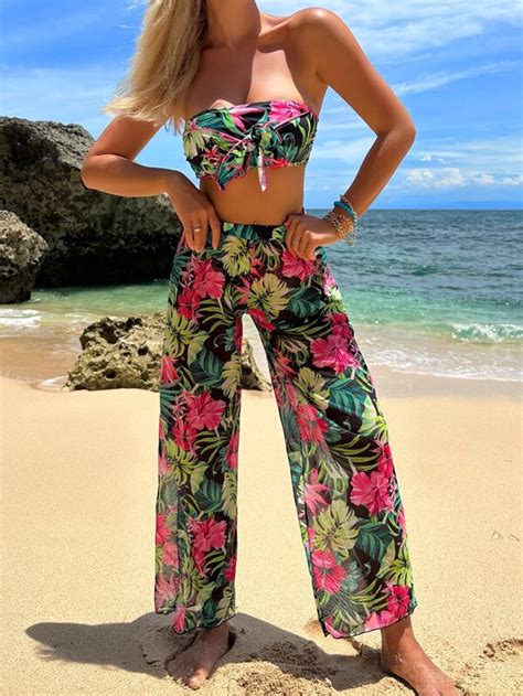 Tropical Print Knot Front Bandeau Bikini Swimsuit With Cover Up Pants