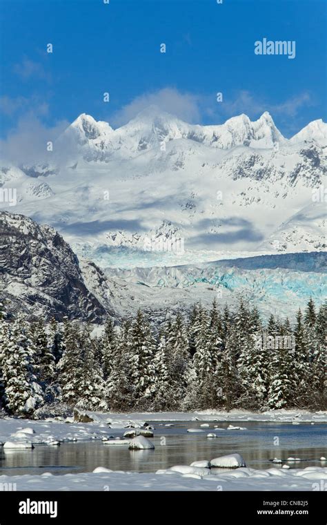 Scenic winter landscape of Mendenhall River, Mendenhall Glacier and ...